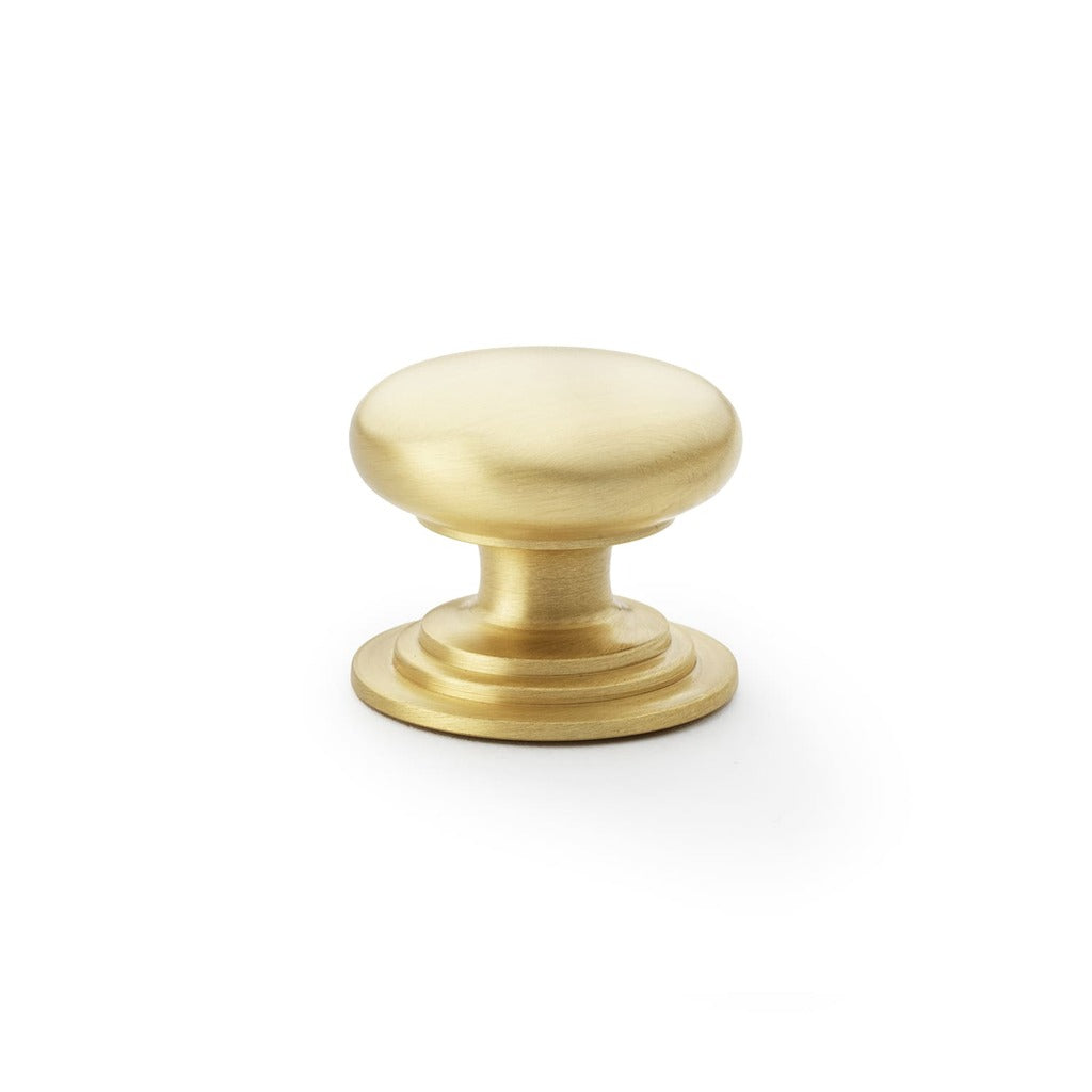 Round Brass Cupboard Knob on Stepped Rose Satin brass