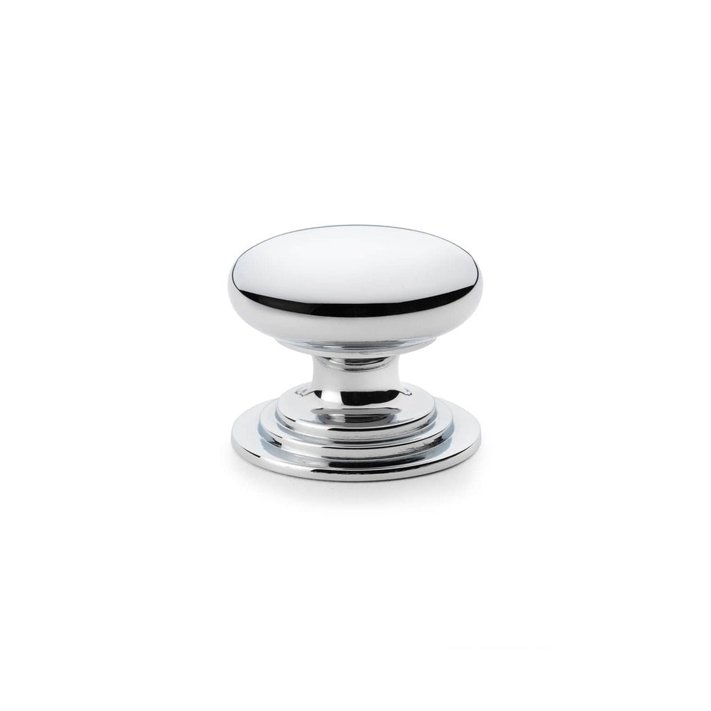 Round Brass Cupboard Knob on Stepped Rose Polished chrome