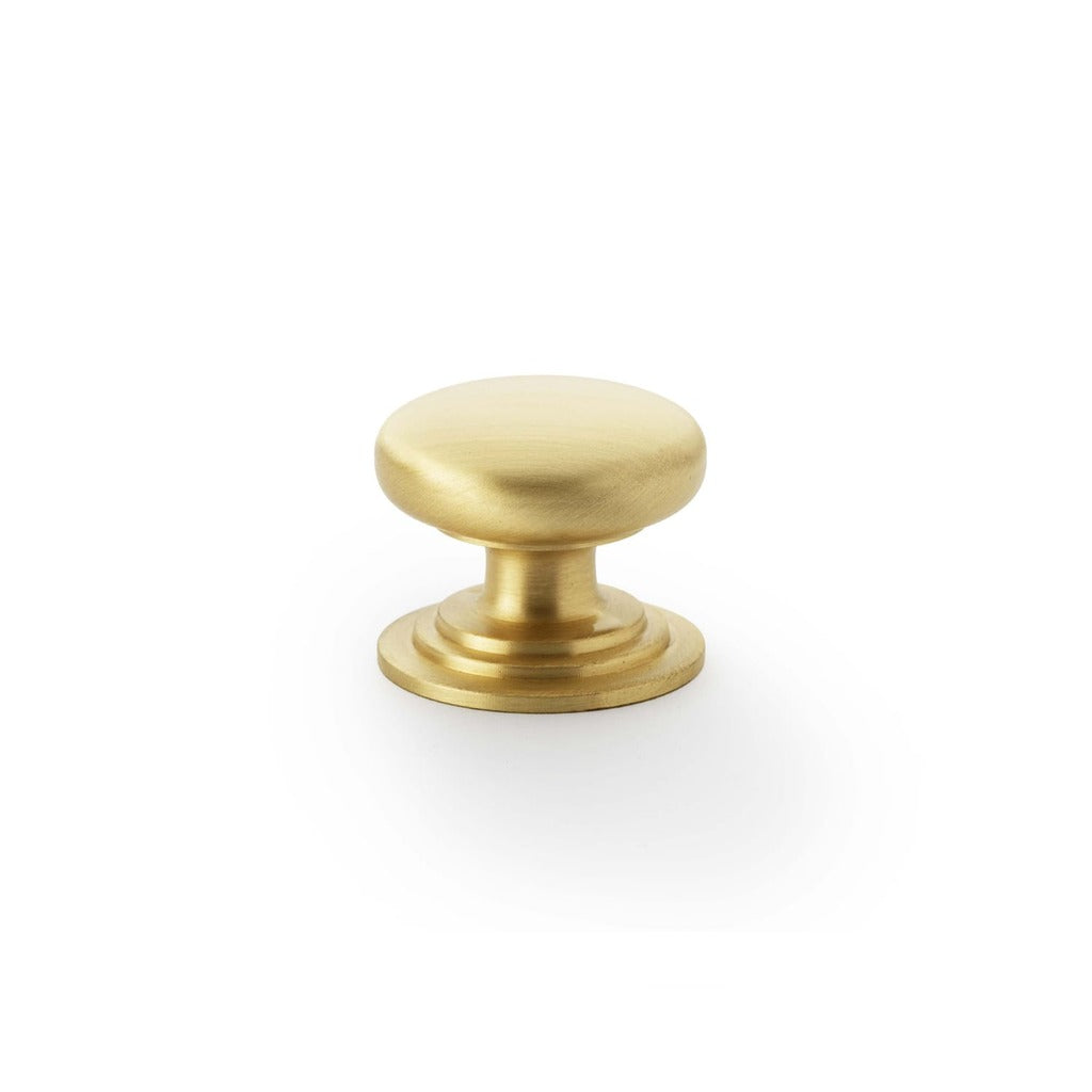 Round Brass Cupboard Knob on Stepped Rose Satin brass