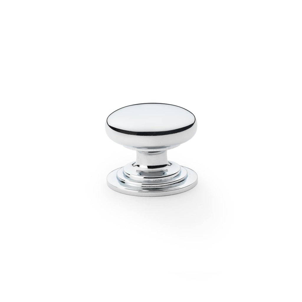 Round Brass Cupboard Knob on Stepped Rose Polished chrome