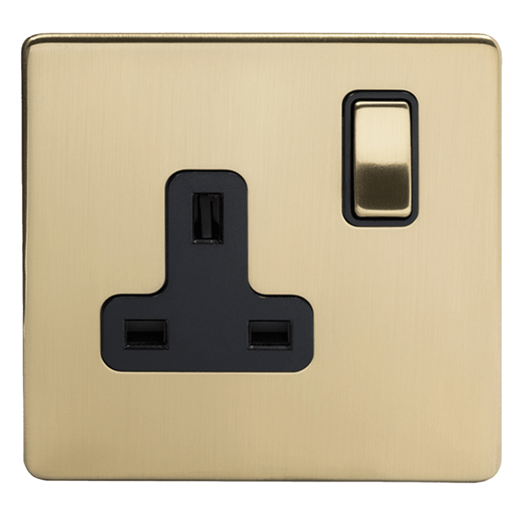 Brushed Brass 1 & 2 Gang Double Pole Socket with Black or White Insert Single 13A - Bilden Home & Hardware Market