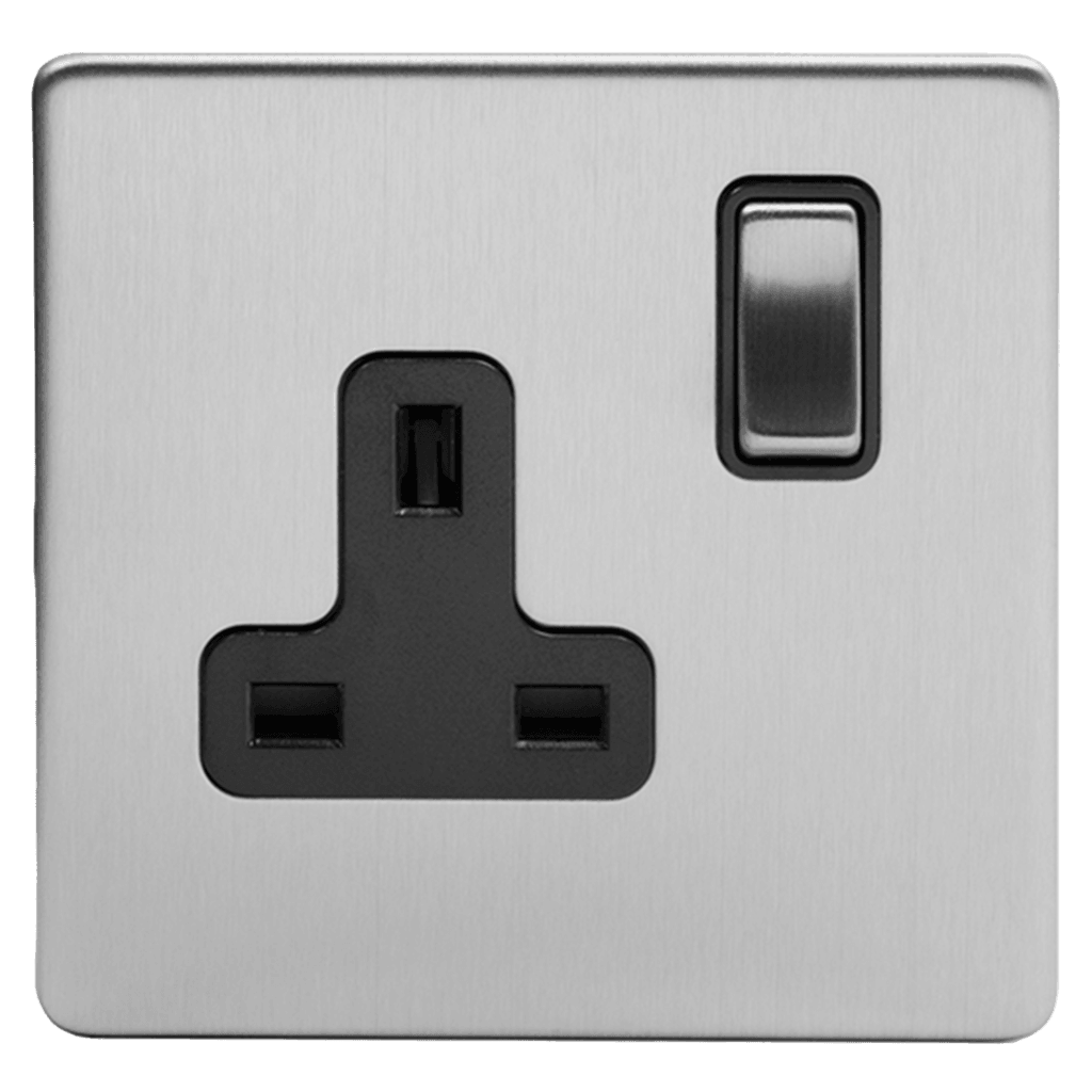 Brushed Chrome 1 & 2 Gang Double Pole Socket with Black or White Insert Single 13A - Bilden Home & Hardware Market