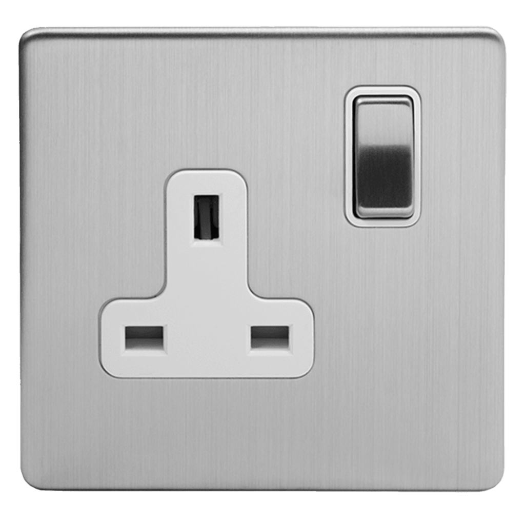 Brushed Chrome 1 & 2 Gang Double Pole Socket with Black or White Insert Single 13A - Bilden Home & Hardware Market