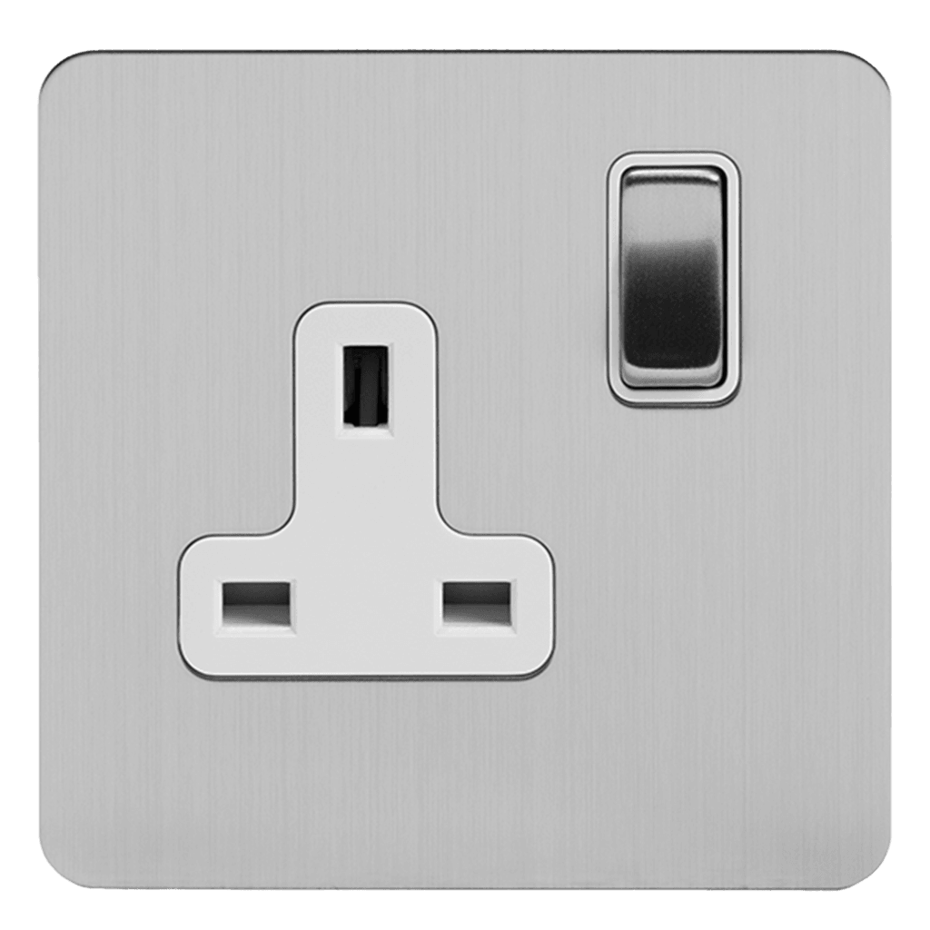 Brushed Chrome 1 & 2 Gang Double Pole Socket with Black or White Insert Single 13A - Bilden Home & Hardware Market