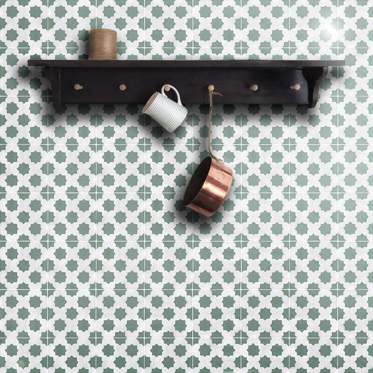 Hand painted star tiles in a rustic kitchen