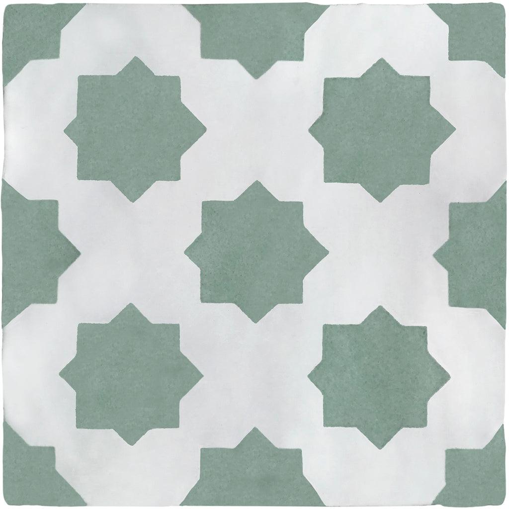 Green hand painted tiles with a star design