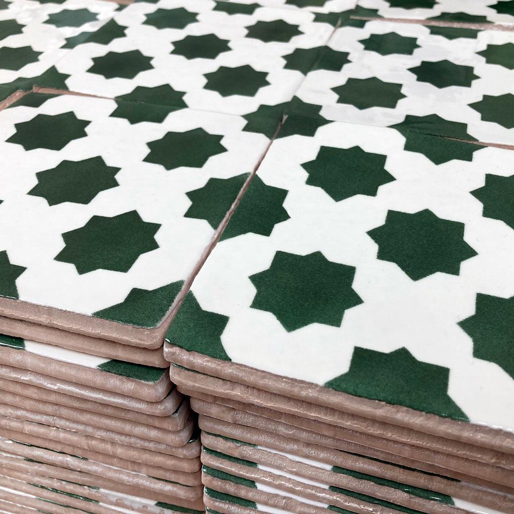 Green hand painted star tiles