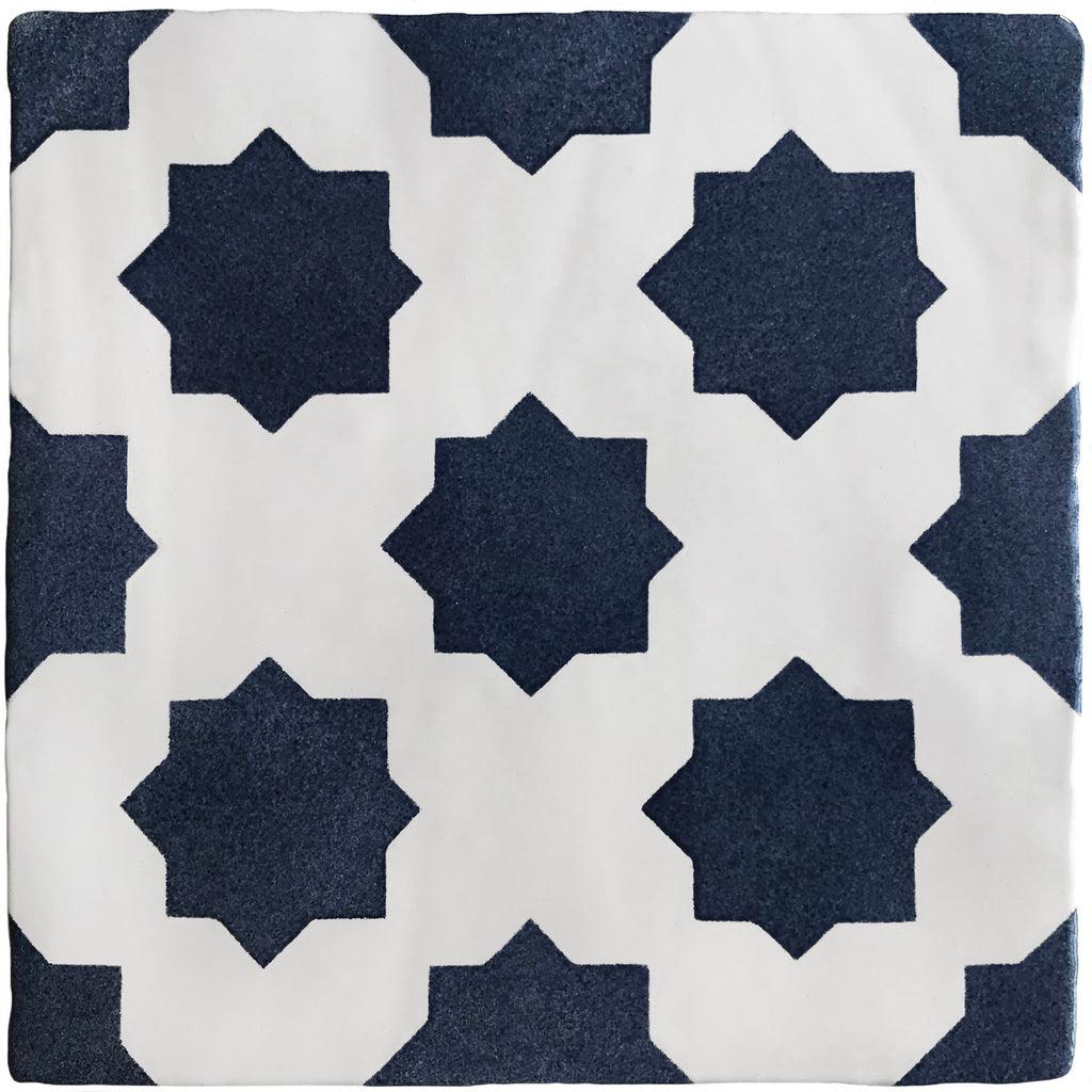 Navy hand painted tiles with a star design