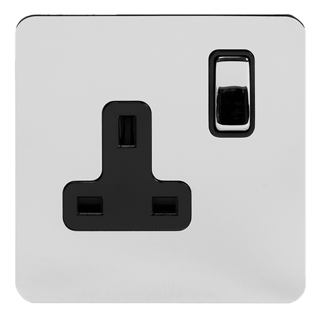 Polished Chrome 1 & 2 Gang Double Pole Socket with Black or White Insert Single 13A - Bilden Home & Hardware Market