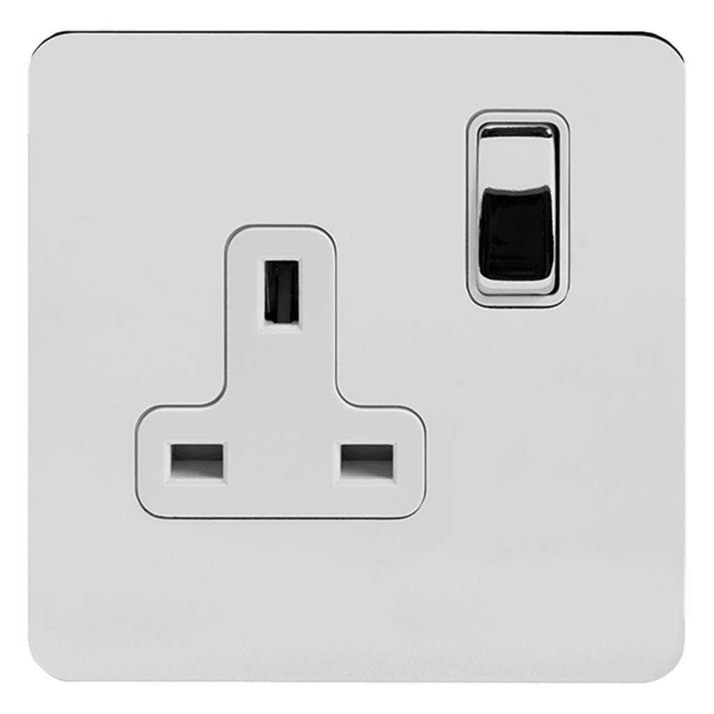 Polished Chrome 1 & 2 Gang Double Pole Socket with Black or White Insert Single 13A - Bilden Home & Hardware Market