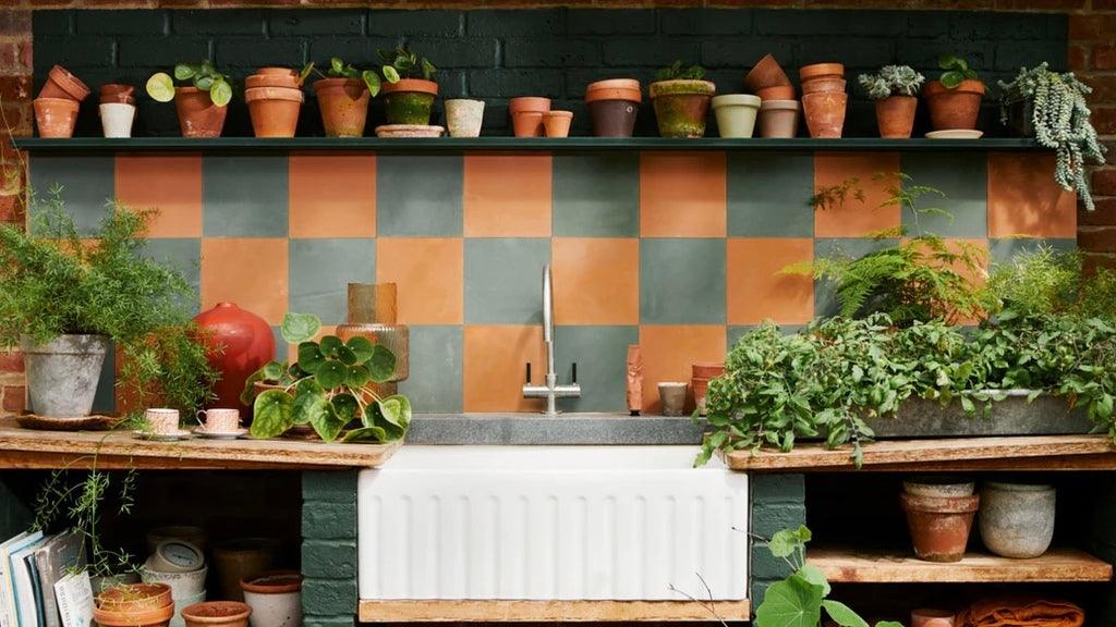 Terracotta tiles used as a backsplash in a greenhouse 