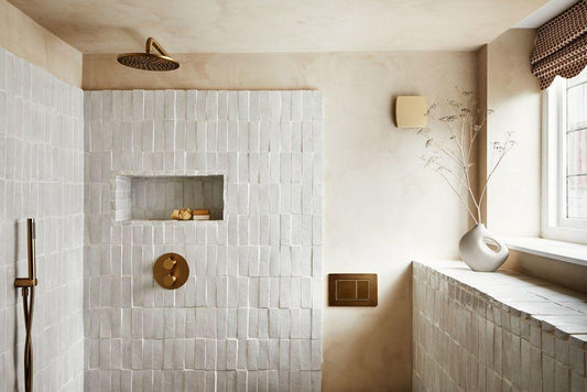 White zellige tiles in a rustic bathroom 