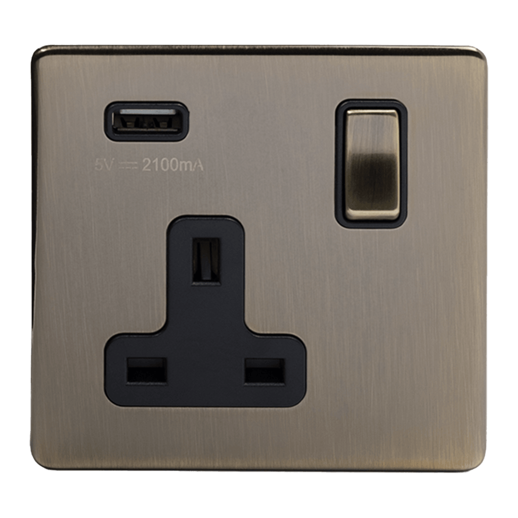 1 Gang Plug Socket with USB Aged Brass - Bilden Home & Hardware Market
