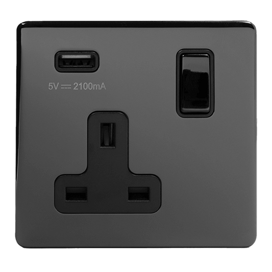 1 Gang Plug Socket with USB Black Nickel - Bilden Home & Hardware Market