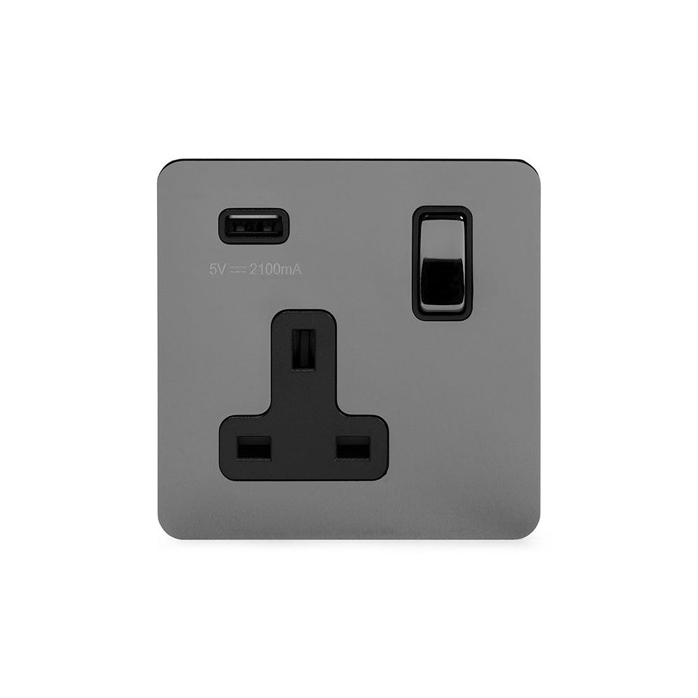 1 Gang Plug Socket with USB Black Nickel - Bilden Home & Hardware Market