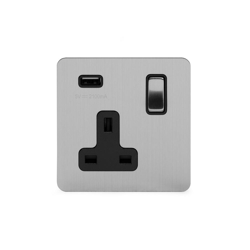 1 Gang Plug Socket with USB Brushed Chrome - Bilden Home & Hardware Market