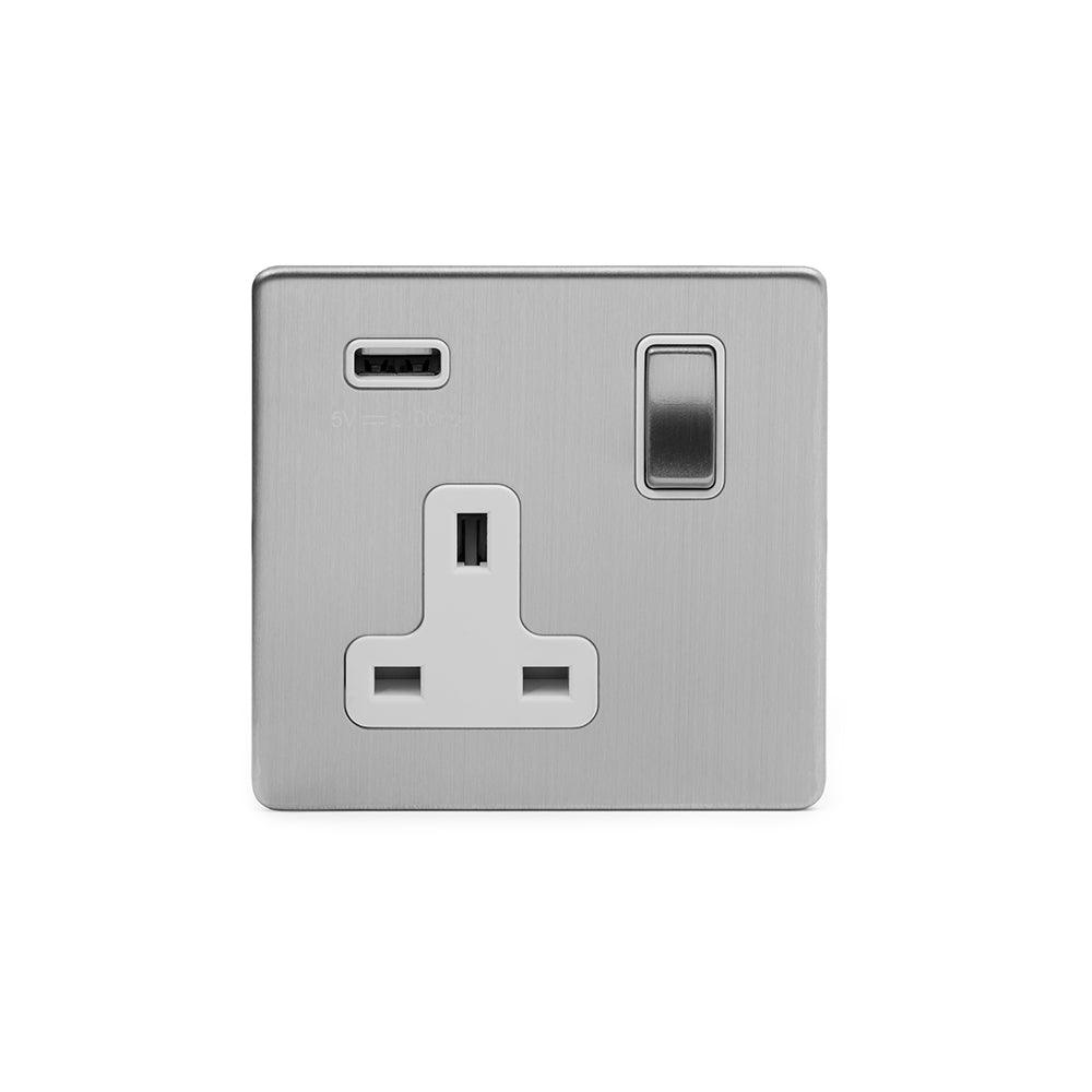 1 Gang Plug Socket with USB Brushed Chrome - Bilden Home & Hardware Market