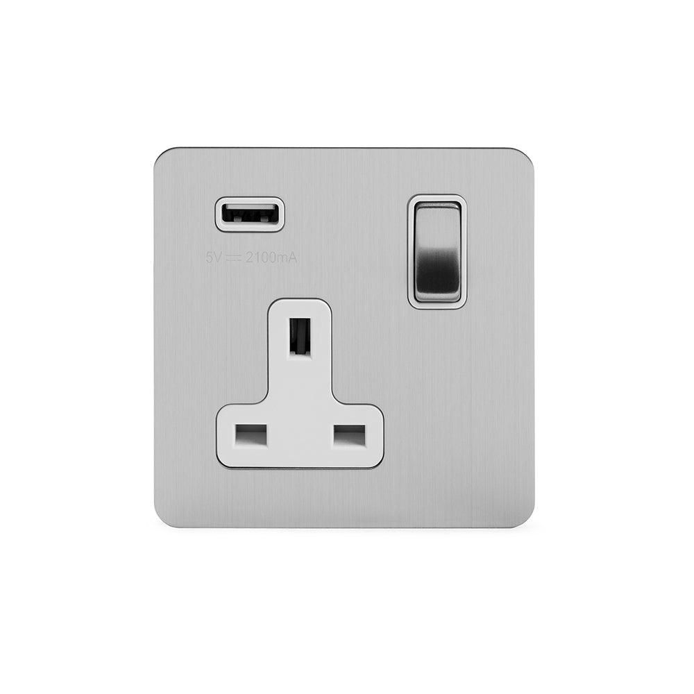1 Gang Plug Socket with USB Brushed Chrome - Bilden Home & Hardware Market