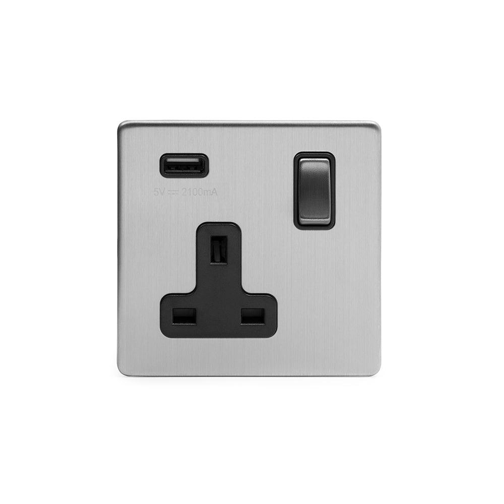 1 Gang Plug Socket with USB Brushed Chrome - Bilden Home & Hardware Market