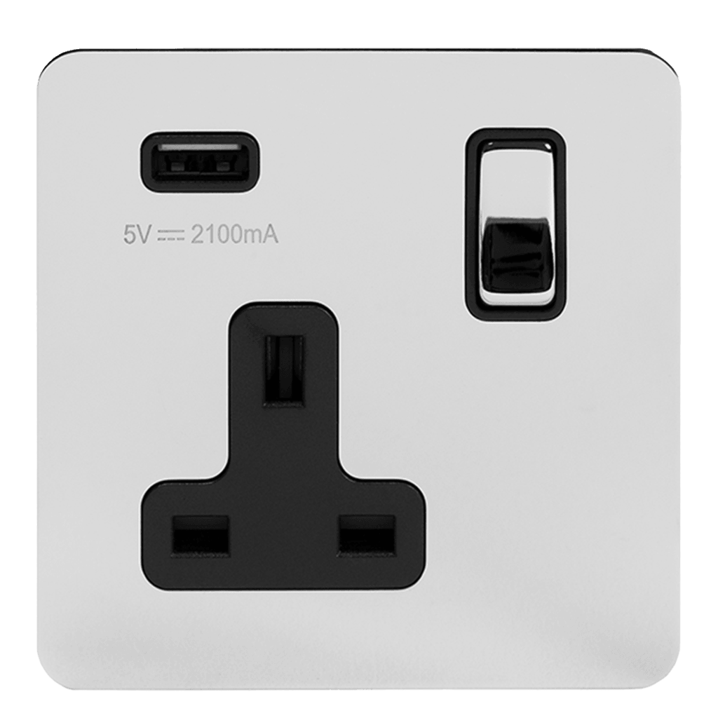 1 Gang Plug Socket with USB Polished Chrome - Bilden Home & Hardware Market