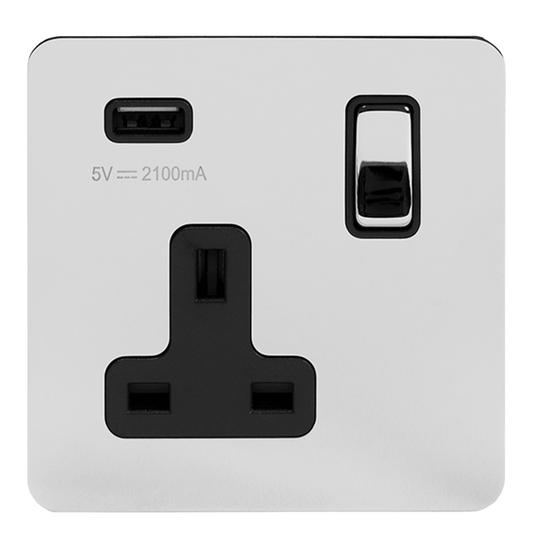 1 Gang Plug Socket with USB Polished Chrome - Bilden Home & Hardware Market