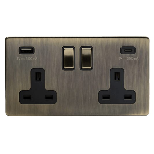 2 Gang 13A Plug Socket with USB A+C Aged Brass