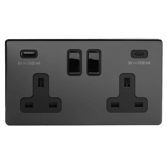 2 Gang 13A Plug Socket with USB A+C Black Nickel