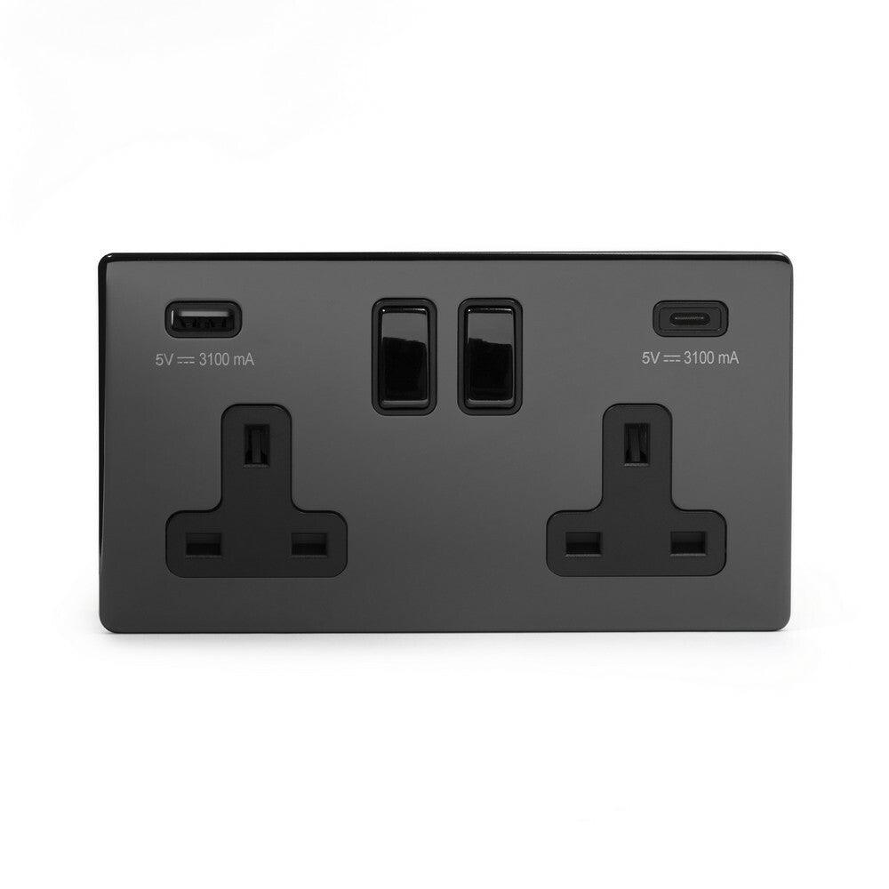 2 Gang 13A Plug Socket with USB A+C Black Nickel