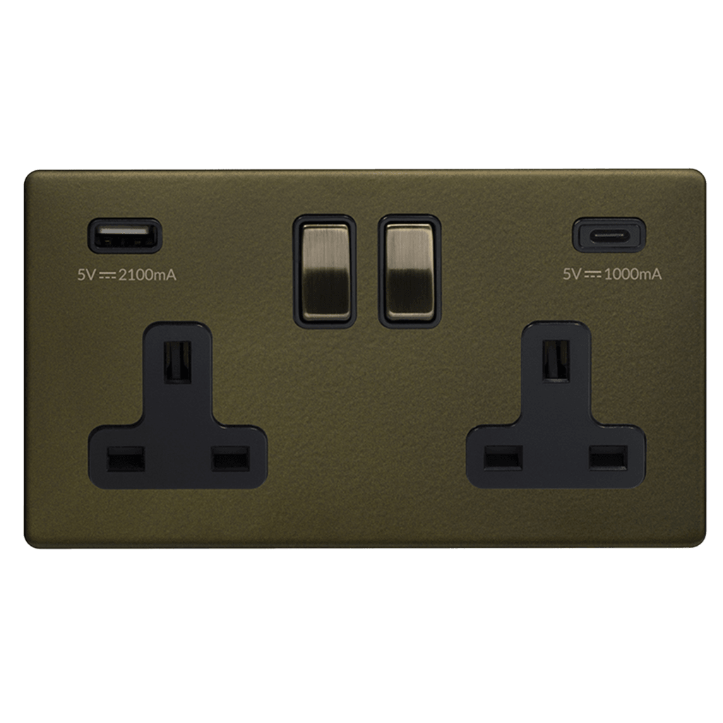 2 Gang 13A Plug Socket with USB A+C Bronze
