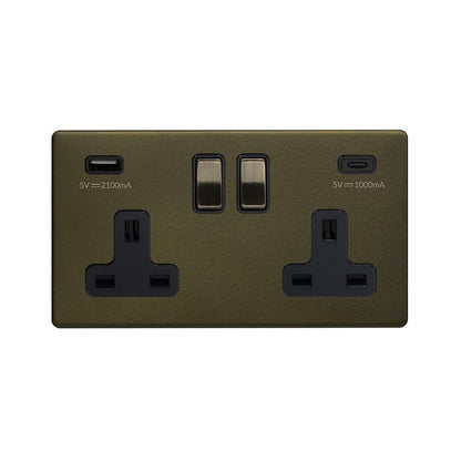 2 Gang 13A Plug Socket with USB A+C Bronze
