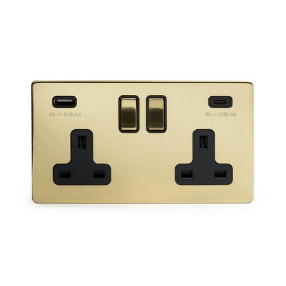 2 Gang 13A Plug Socket with USB A+C Brushed Brass