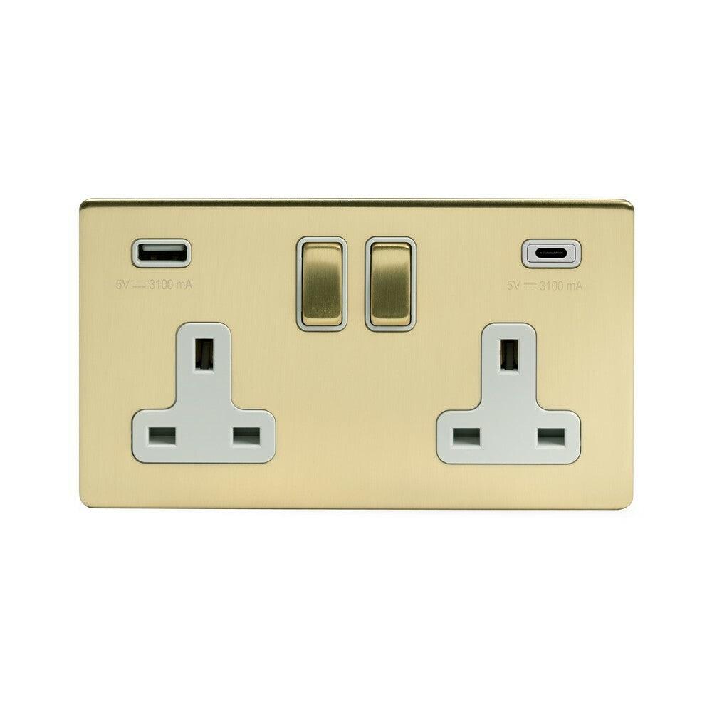 2 Gang 13A Plug Socket with USB A+C Brushed Brass