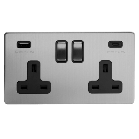 2 Gang 13A Plug Socket with USB A+C Brushed Chrome