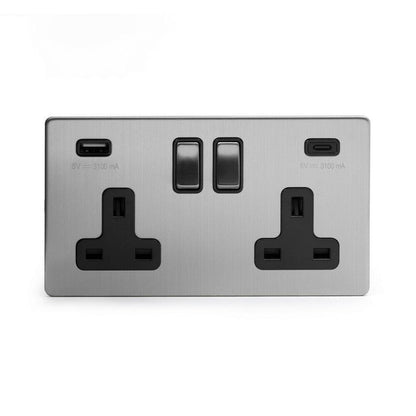 2 Gang 13A Plug Socket with USB A+C Brushed Chrome