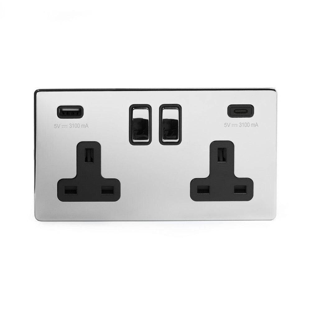 2 Gang 13A Plug Socket with USB A+C Polished Chrome