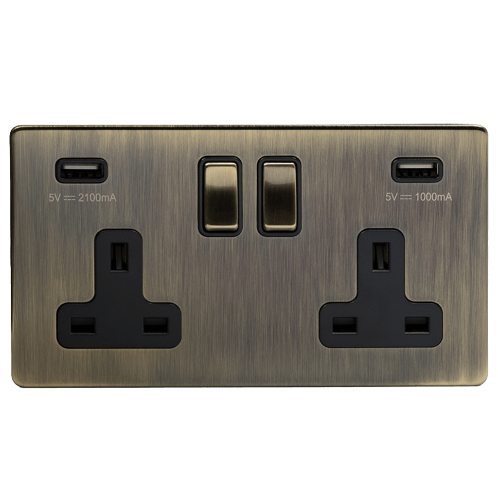 2 Gang Plug Socket with USB Aged Brass