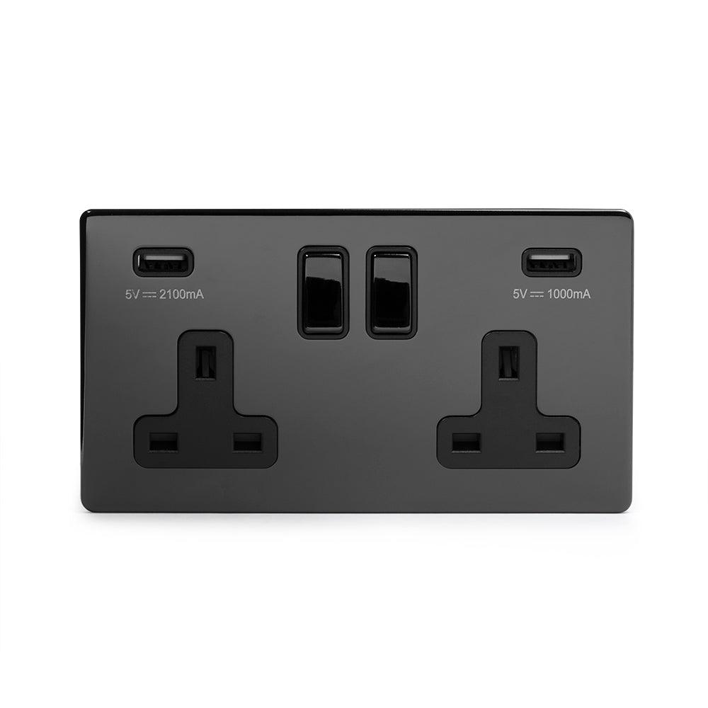 2 Gang Plug Socket with USB Black Nickel