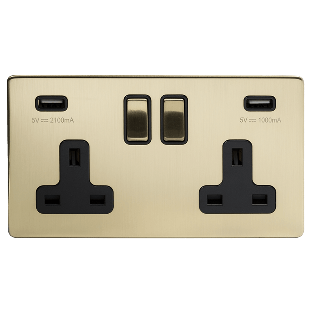 2 Gang Plug Socket with USB Brushed Brass