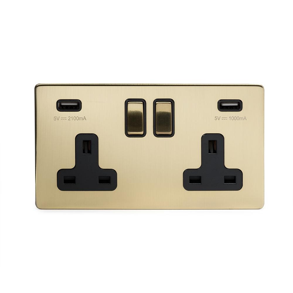 2 Gang Plug Socket with USB Brushed Brass