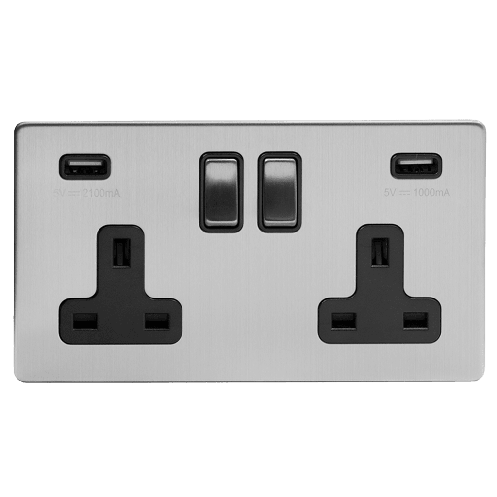 2 Gang Plug Socket with USB Brushed Chrome - Bilden Home & Hardware Market