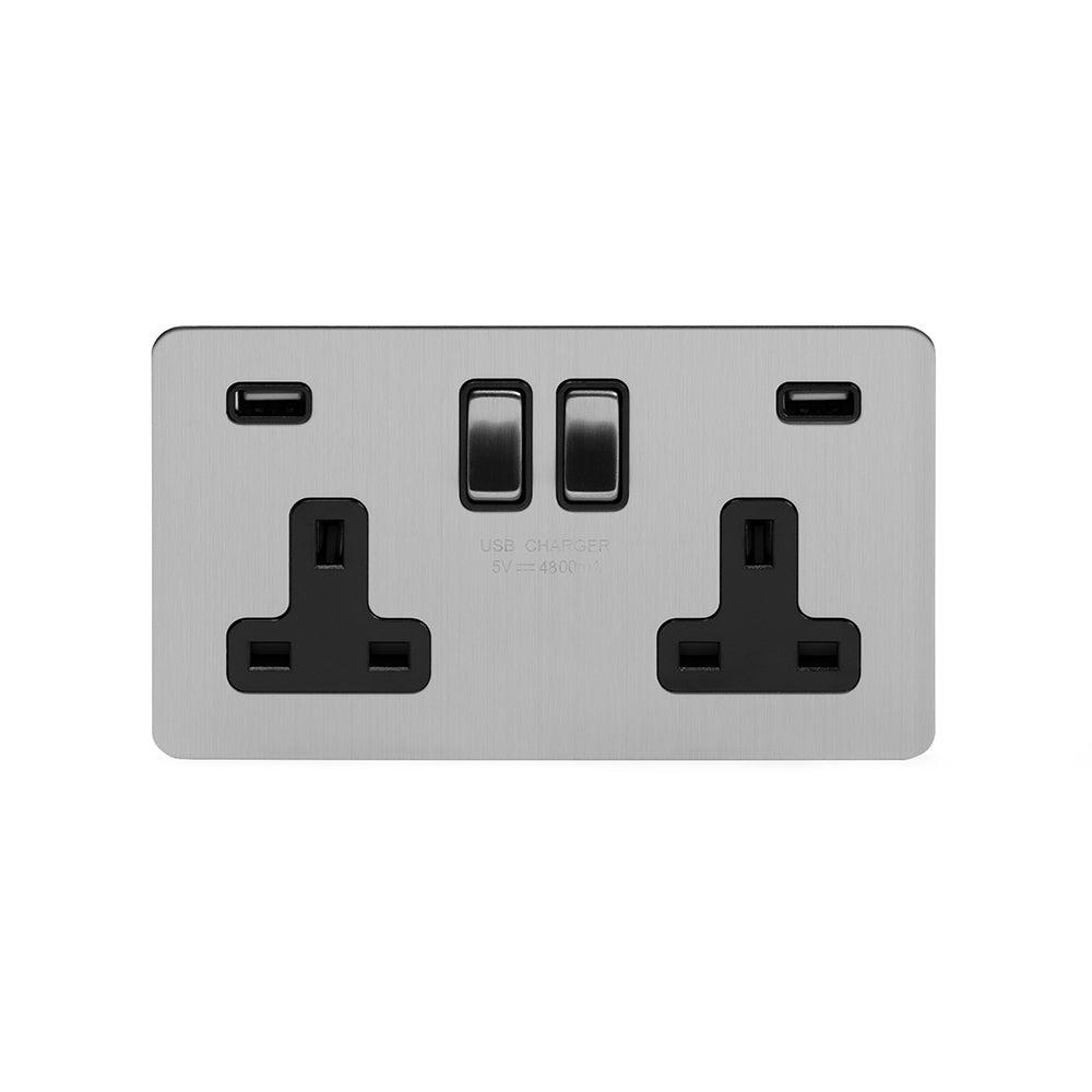 2 Gang Plug Socket with USB Brushed Chrome - Bilden Home & Hardware Market