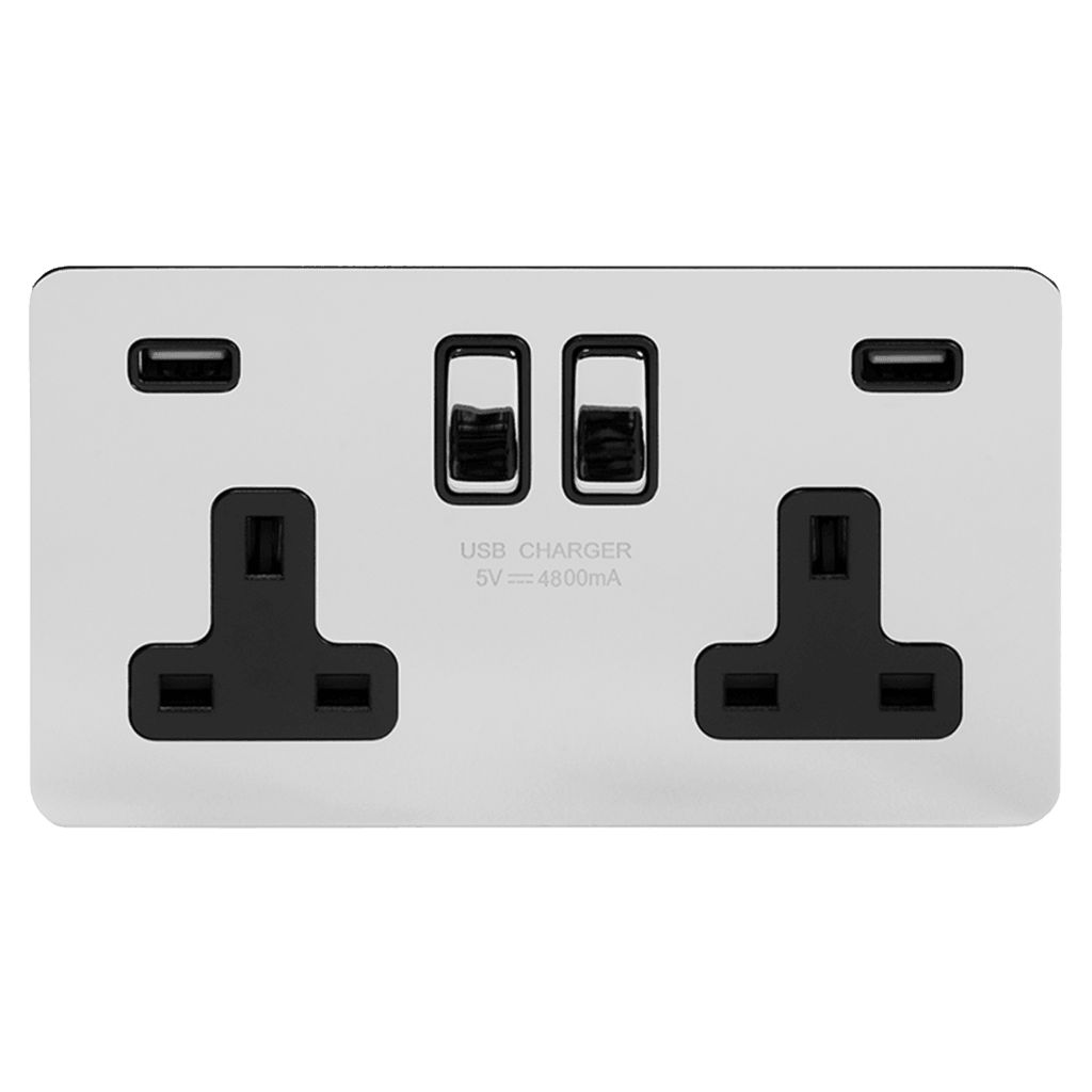 2 Gang Plug Socket with USB Polished Chrome