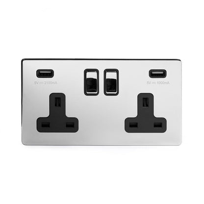 2 Gang Plug Socket with USB Polished Chrome