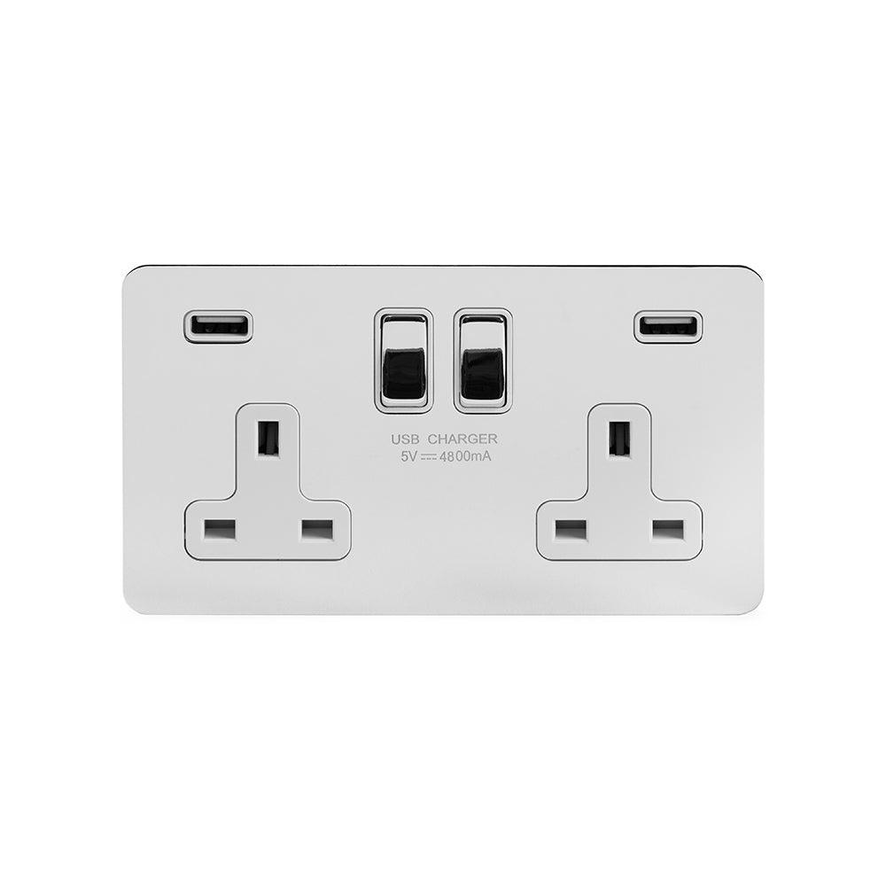 2 Gang Plug Socket with USB Polished Chrome