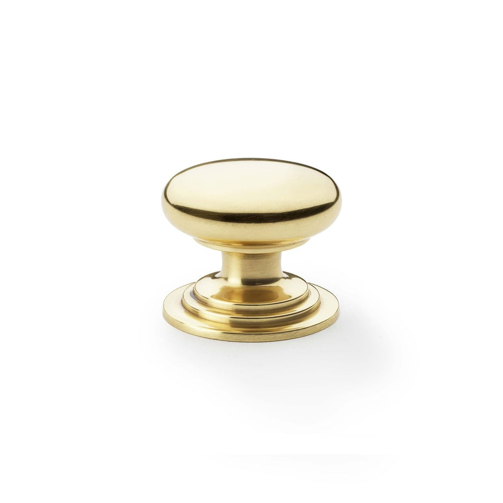 Round Brass Cupboard Knob on Stepped Rose Polished brass