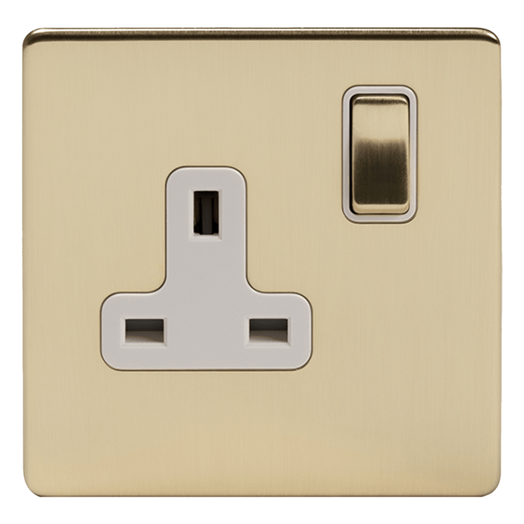 Brushed Brass 1 & 2 Gang Double Pole Socket with Black or White Insert Single 13A - Bilden Home & Hardware Market
