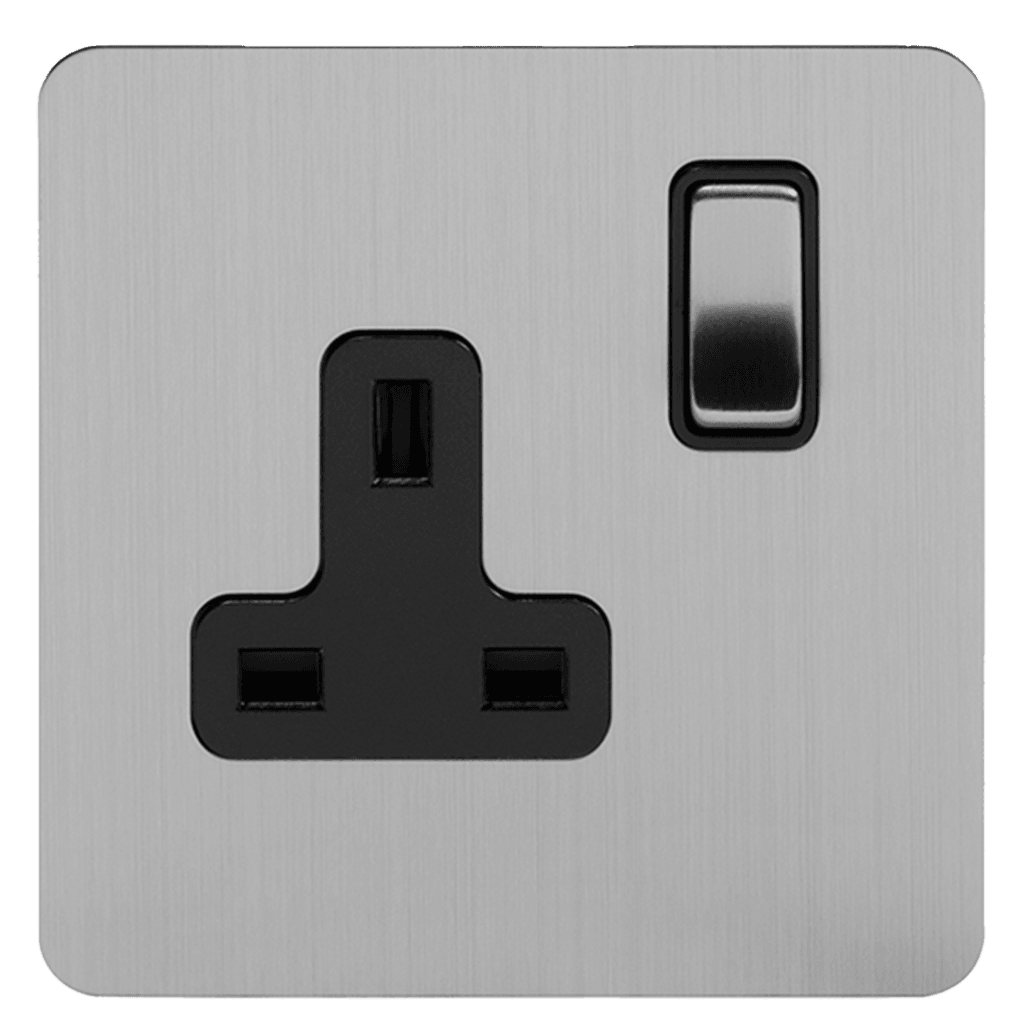 Brushed Chrome 1 & 2 Gang Double Pole Socket with Black or White Insert Single 13A - Bilden Home & Hardware Market