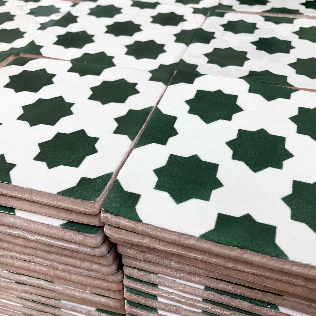 Green hand painted star tiles 