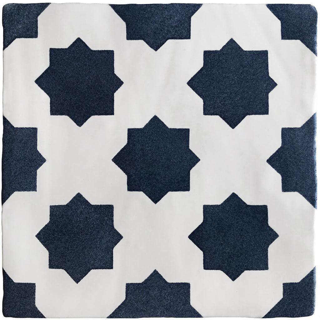 Navy hand painted tiles with a star design 