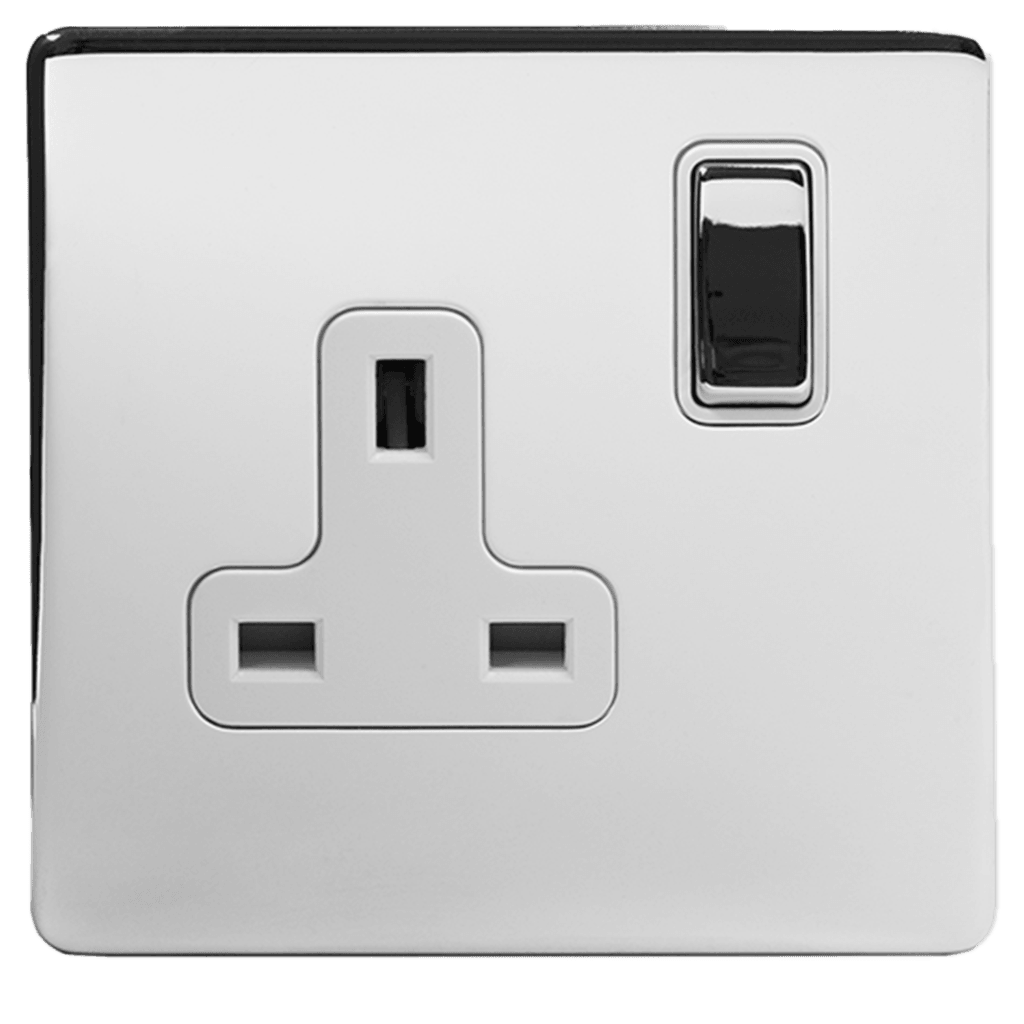 Polished Chrome 1 & 2 Gang Double Pole Socket with Black or White Insert Single 13A - Bilden Home & Hardware Market